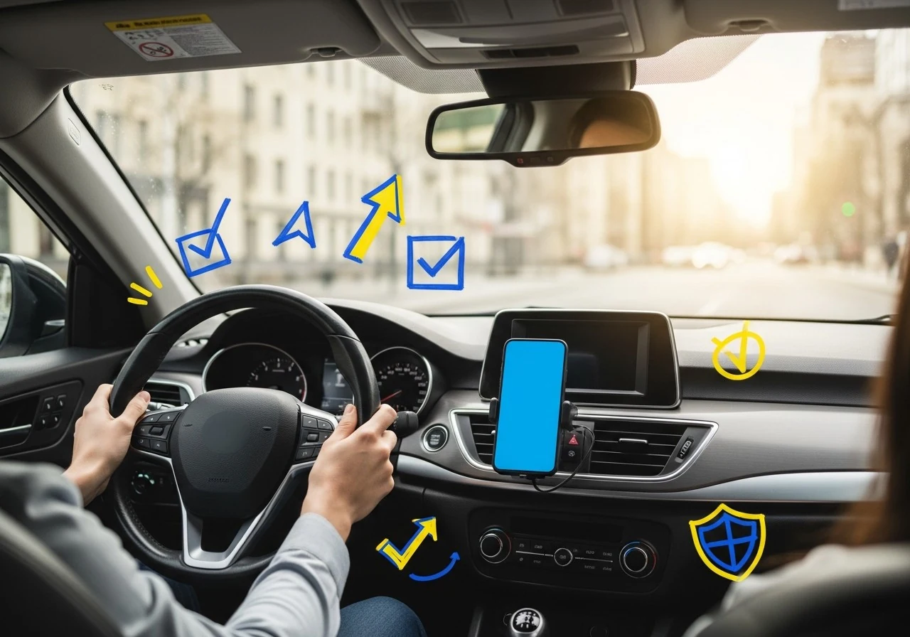 Pogled za volanom automobila s plavim i žutim oznakama za učenje