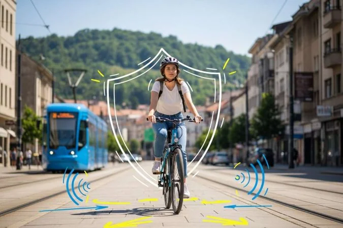 Biciklistkinja s kacigom na gradskoj ulici uz tramvaj