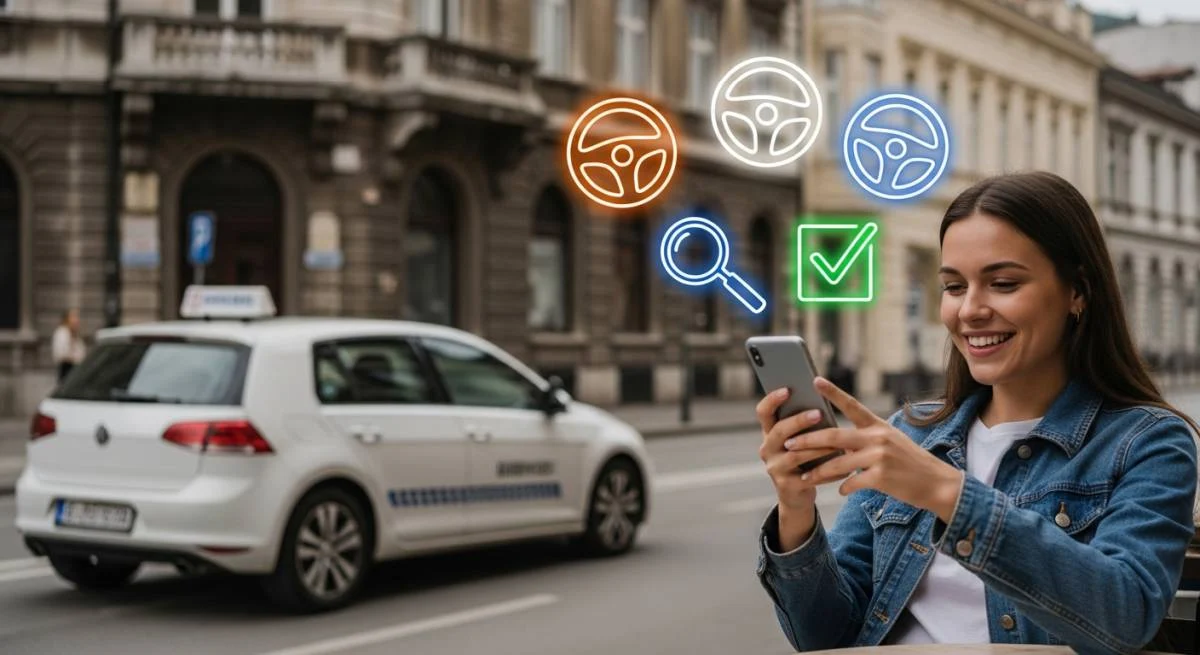 Djevojka uspoređuje informacije o autoškolama na telefonu
