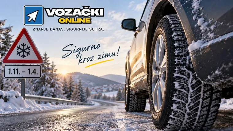 Automobil sa zimskim gumama na snježnoj cesti i oznaka razdoblja obvezne zimske opreme u BiH od 1. studenoga do 1. travnja