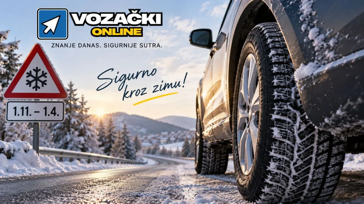 Automobil sa zimskim gumama na snježnoj cesti i oznaka razdoblja obvezne zimske opreme u BiH od 1. studenoga do 1. travnja